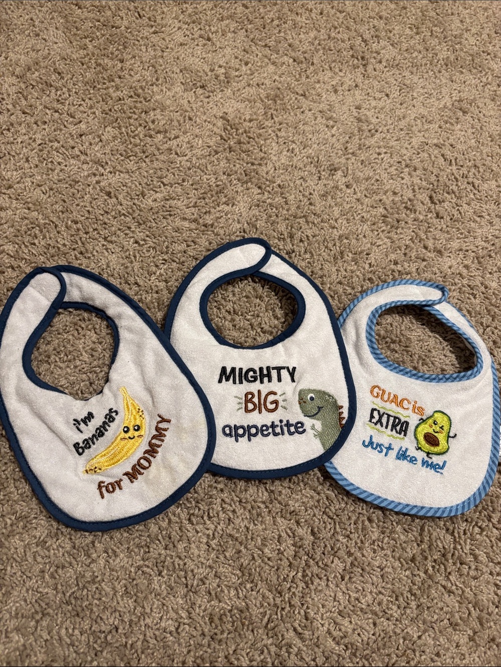 3-Pack Baby Bib Set - Blue Trimmed White Bibs with Playful Fruit & Dino Designs